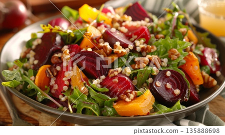 A hearty buckwheat salad with a delicious mix of tender greens savory roasted beets and crunchy walnuts A hearty buckwheat salad with a delicious mix of tender greens savory roasted beets and crunchy walnuts 135888698