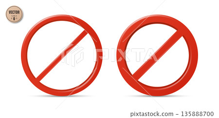 Vector 3d Red Prohibition Sign Set, Isolated. Red Forbidden Circle with Diagonal Slash Isolated. Prohibition Circle Icon for Warning Concept 135888700