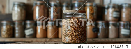 A jar with a handwritten label boasting locally sourced buckwheat as if capturing the essence of a peaceful countryside in every grain 135888745