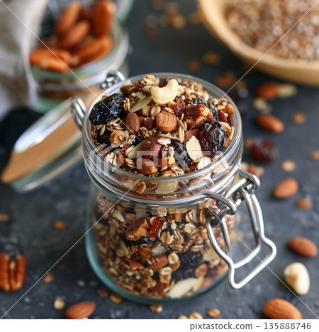 A jar of homemade buckwheat granola featuring s of oats nuts and dried fruit and the nutritional benefits of including buckwheat in breakfast A jar of homemade buckwheat granola featuring s of oats nuts and dried fruit and the nutritional benefits of including buckwheat in breakfast 135888746