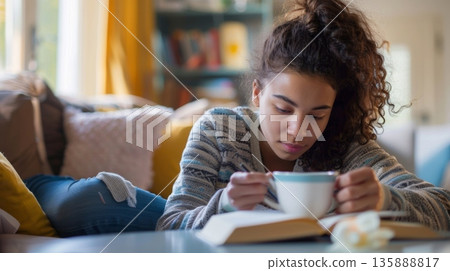 A teenager studying for exams using a warm cup of cacao water to stay focused and relaxed 135888817