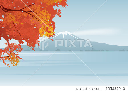 Autumn landscape, colorful leaves in front of mountain and river 135889040