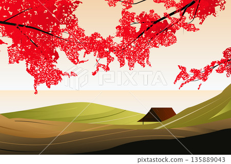 Autumn landscape, colorful red leaves over small hills and sea Autumn landscape, colorful red leaves over small hills and sea 135889043