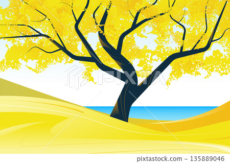 Autumn landscape, big tree with colorful yellow leaves on the hill 135889046