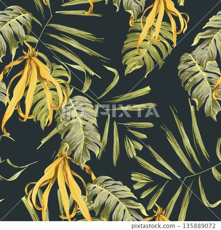 Floral seamless pattern, hand drawn various leaves and Cananga odorata on dark blue 135889072