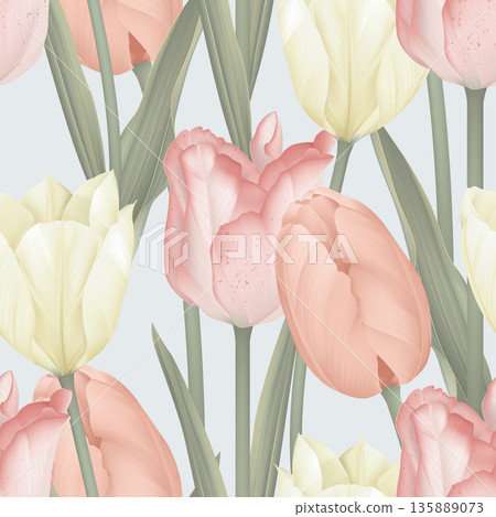 Floral seamless pattern, various tulip flowers and leaves on bright grey Floral seamless pattern, various tulip flowers and leaves on bright grey 135889073
