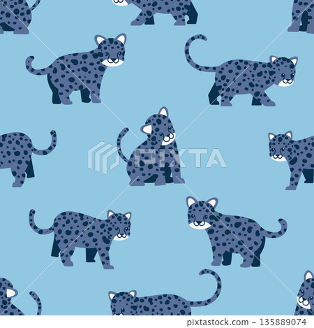 Animal seamless pattern, various poses of cute leopard in blue tone Animal seamless pattern, various poses of cute leopard in blue tone 135889074