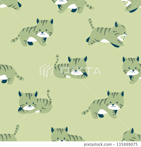 Animal seamless pattern, various poses of cute tigers in green tone 135889075