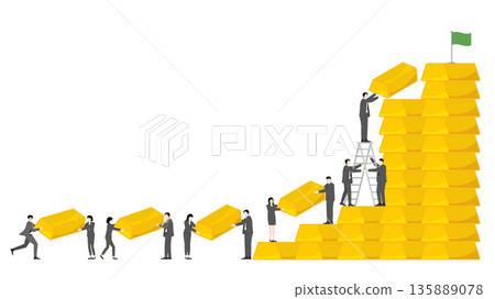 Business Teamwork Collaborating to Build a Huge Gold Bar Wall for Long-term Investment and Financial Success Concept 135889078