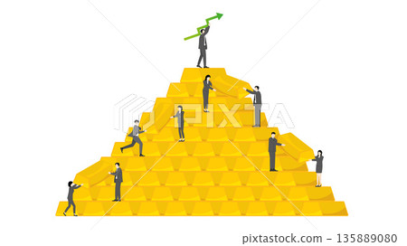 Business Teamwork Building Gold Bar Pyramid for Financial Growth and Wealth Success Concept 135889080