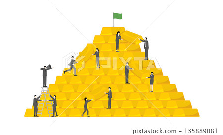 Leadership and Teamwork Concept. Business Manager Directing Team to Build a Pyramid of Gold Bars for Wealth and Success 135889081