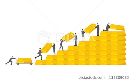 Business Teamwork Moving Gold Bars up Stairs with Trolley for Financial Growth and Wealth Building Success Concept 135889083