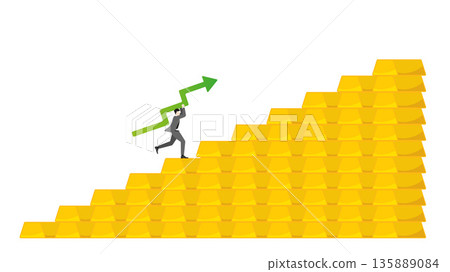 Businessman Carrying Growth Arrow Running up Gold Bar Stairs for Individual Investment Success and Personal Wealth Concept 135889084