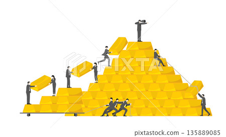 Visionary Leadership and Business Teamwork Building a Large Gold Bar Pyramid for Global Investment Success Concept 135889085