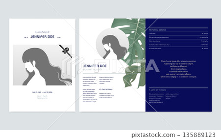 Floral memorial and funeral invitation card template design, Split-leaf Philodendron, blue tone 135889123