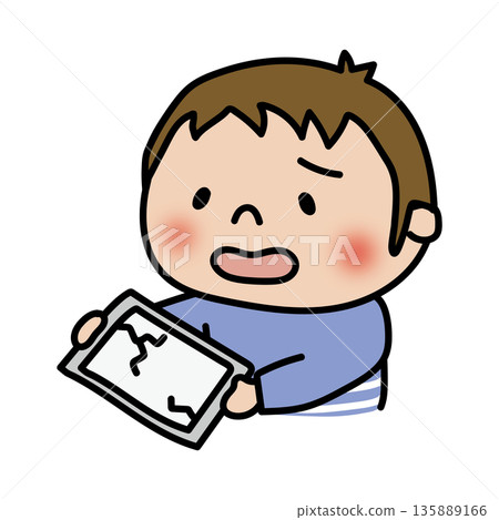 A boy showing a broken tablet 135889166