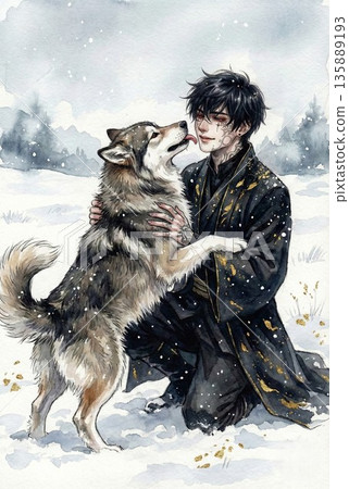 一位黑髮青年在雪地裡與一隻狗互動。水彩插畫 135889193