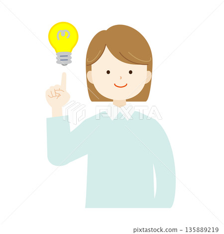 Illustration of a smiling woman pointing at a light bulb - Ideas, proposals, solutions Illustration of a smiling woman pointing at a light bulb - Ideas, proposals, solutions 135889219