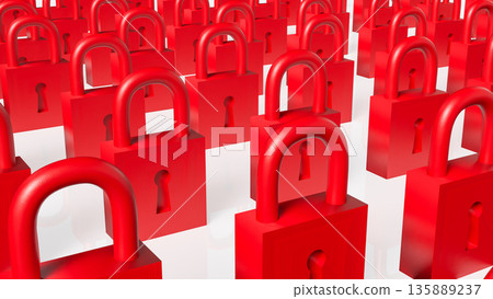 Rows of Red Padlocks Symbolizing Security and Restricted Access Concept 3d render. Rows of Red Padlocks Symbolizing Security and Restricted Access Concept 3d render. 135889237