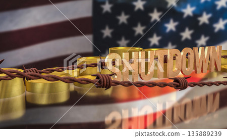 Government Shutdown Concept with Barbed Wire and United States Flag 3d render. Government Shutdown Concept with Barbed Wire and United States Flag 3d render. 135889239