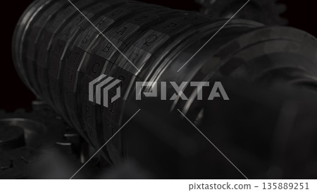 Mechanical Code Lock System with Rotating Gears and Letters 3d render. 135889251