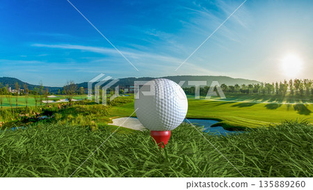 Golf Ball on Tee with Scenic Green Course Landscape 3d render. 135889260