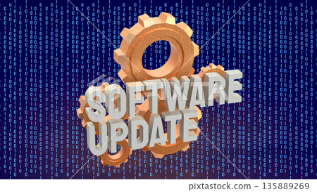 Software Update Technology Concept With Gears And Binary Data 3d render. 135889269