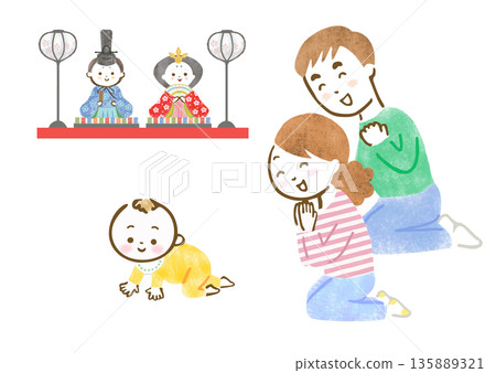 Illustration of parents and baby celebrating their first Hinamatsuri by decorating a Hina doll Illustration of parents and baby celebrating their first Hinamatsuri by decorating a Hina doll 135889321