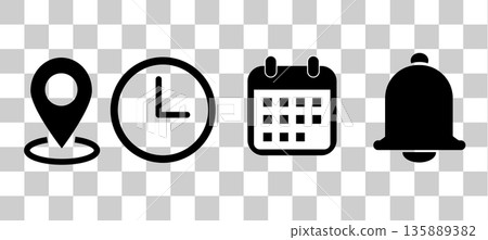 Notification, time, calendar and location icon set on transparent background. Calendar, address location pointer and alarm bell sign. event, date, address, reminder symbol. flat style. Notification, time, calendar and location icon set on transparent background. Calendar, address location pointer and alarm bell sign. event, date, address, reminder symbol. flat style. 135889382