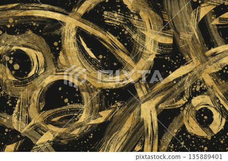 Abstract background with gold brush stroke circles and curves. Black background Japanese style dark banner 135889401