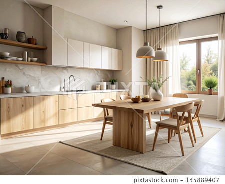 Bright Natural Light Kitchen With Wooden Cabinets And Dining Table In Modern Home. Bright Natural Light Kitchen With Wooden Cabinets And Dining Table In Modern Home. 135889407