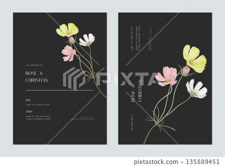 Minimalist floral wedding invitation card template design, various color of cosmos flowers bouquet on dark grey 135889451