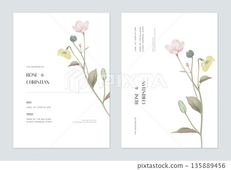 Minimalist floral wedding invitation card template design, various flowers bouquet on white 135889456