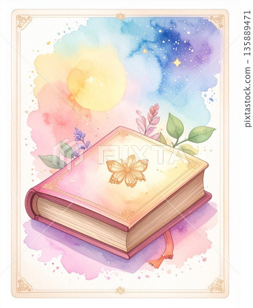 Lenormand Card "Book" Watercolor card illustration 1 surrounded by flowers and plants symbolizing knowledge and secrets / Material for flyers and posters 135889471