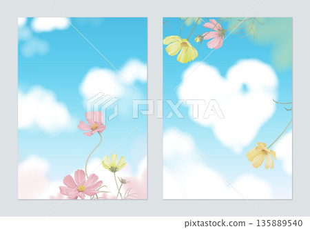 Floral poster template design, pink and yellow cosmos flowers with blue sky and cloud Floral poster template design, pink and yellow cosmos flowers with blue sky and cloud 135889540