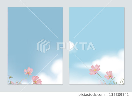 Floral poster template design, pink cosmos flowers with blue sky and cloud Floral poster template design, pink cosmos flowers with blue sky and cloud 135889541