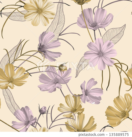 Floral seamless pattern, purple and yellow cosmos flowers with leaves on bright brown 135889575