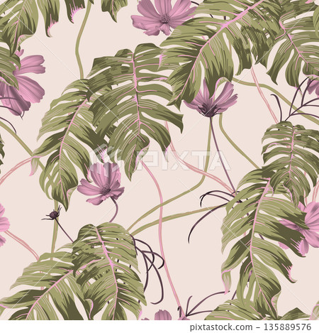 05Floral seamless pattern, pink cosmos flowers and split-leaf Philodendron on bright orange 135889576