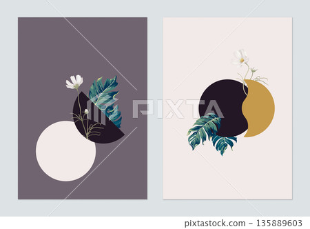 Minimalist abstract poster template design, various shapes decorated with plants and flowers 135889603