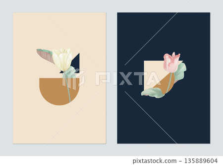 Minimalist abstract poster template design, various shapes decorated with tulip and leaves Minimalist abstract poster template design, various shapes decorated with tulip and leaves 135889604