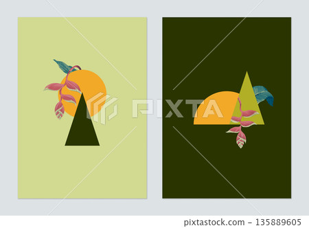 Minimalist abstract poster template design, various shapes decorated with Heliconia rostrata Minimalist abstract poster template design, various shapes decorated with Heliconia rostrata 135889605