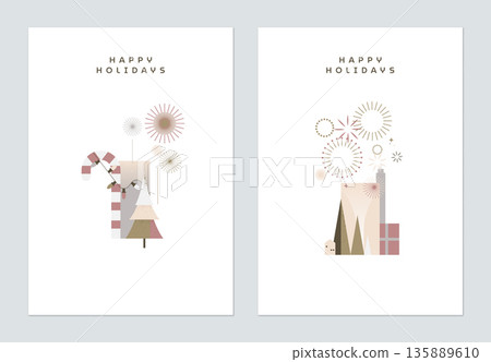 Holiday greeting template design, collage of decoration elements and fireworks 135889610