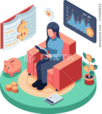 Isometric Woman Learning about Financial Literacy 135889659