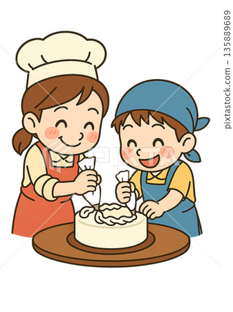 A boy wearing an apron happily making a cake with a female pastry chef 135889689