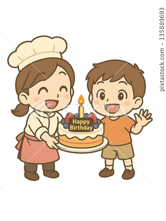 糕點師傅端出的生日蛋糕讓小男孩笑容滿面，他非常高興。 135889693