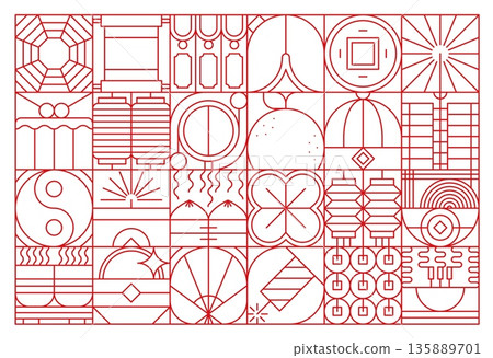 Chinese Lunar New Year geometric pattern. Elegant vector lineart design featuring tea cup, coin, firework, noodle, lanterns, scroll, food. Red pattern for backgrounds, postcards, or holiday covers Chinese Lunar New Year geometric pattern. Elegant vector lineart design featuring tea cup, coin, firework, noodle, lanterns, scroll, food. Red pattern for backgrounds, postcards, or holiday covers 135889701