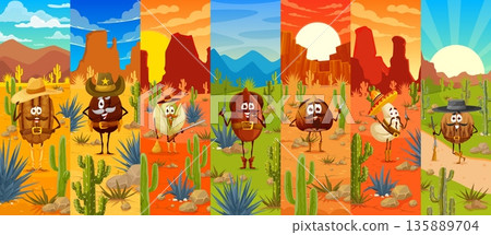 Cartoon nuts collage with cowboy and ranger vector characters. Coffee bean in sombrero, cocoa bean sheriff, pistachio bandit, chestnut with revolver, hazelnut outlaw, cashew in sombrero, coconut 135889704