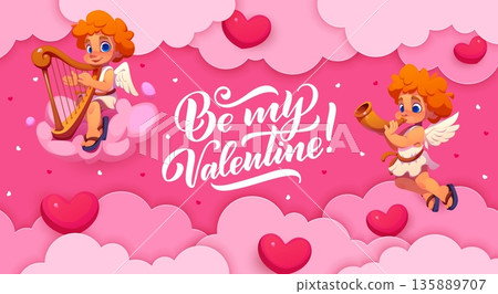 Paper cut Valentine day banner with cherub cupids in pink clouds, cartoon vector. Cheerful cupid cherubs or angels with harp and love hearts in paper cut clouds sky for Be My Valentine greeting quote 135889707