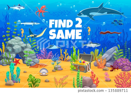 Kids game find two same sea animals on underwater life landscape. Cartoon vector educational puzzle challenge with dolphins, fish, octopus, stingrays, seahorses, coral reef, treasure chest and seaweed Kids game find two same sea animals on underwater life landscape. Cartoon vector educational puzzle challenge with dolphins, fish, octopus, stingrays, seahorses, coral reef, treasure chest and seaweed 135889711