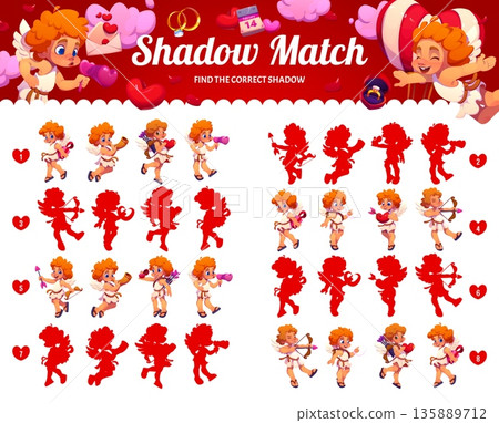Find correct shadow of Valentine cherub cupids with love hearts, vector worksheet for kids. Quiz puzzle game to find same shadow of picture with funny cupid angel characters with Valentine love hearts 135889712